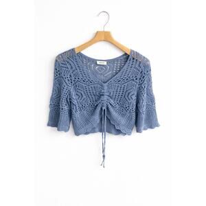 Adora Blue Crochet Lace Crop Top Tie Front Boho Cottagecore Festival Sweater M